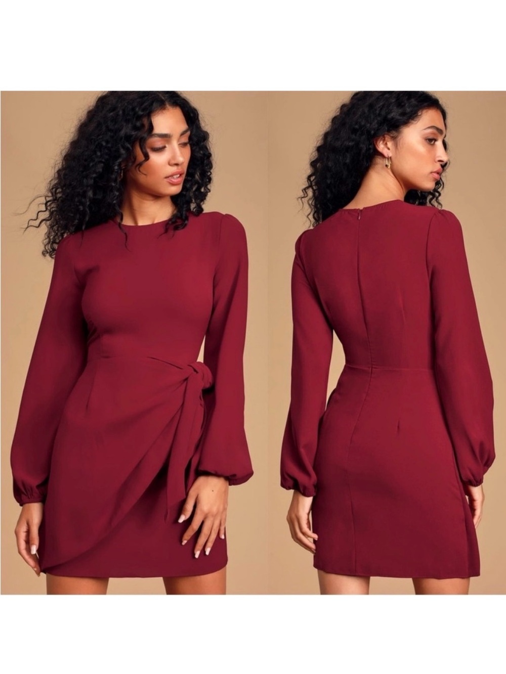 Lulu's Burgundy Long-Sleeve Tie-Front Mini Dress